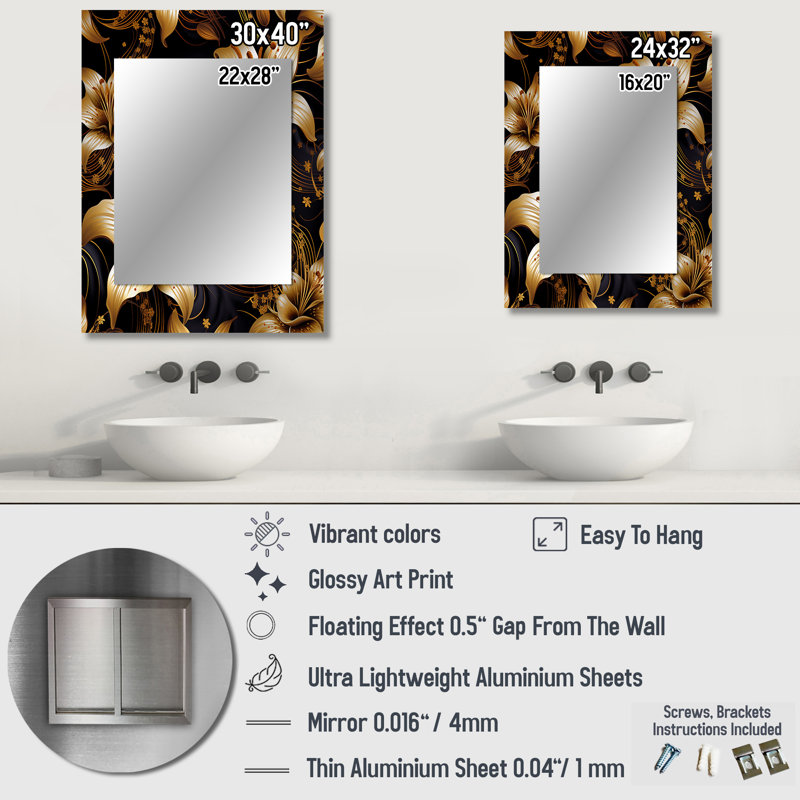 Golden Lily Flower Glam On Black II - miroir décoratif lys, miroir mural doré, impression sur métal, 32 po x 24 po