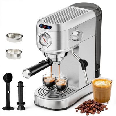 Professional 20 Bar Compact Espresso Machine - Stainless Steel Coffee Maker With Steam Milk Frother, 34Oz Removable Water Tank For Latte & Cappuccino, Ideal For Home & Office, Silver