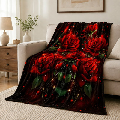 Plaid en flanelle à motif de roses douces et réalistes sur fond foncé, ultra doux, léger, respirant, toutes saisons, agréable pour la peau, lavable à la machine, décoratif, pour canapé, fauteuil, salon et chambre