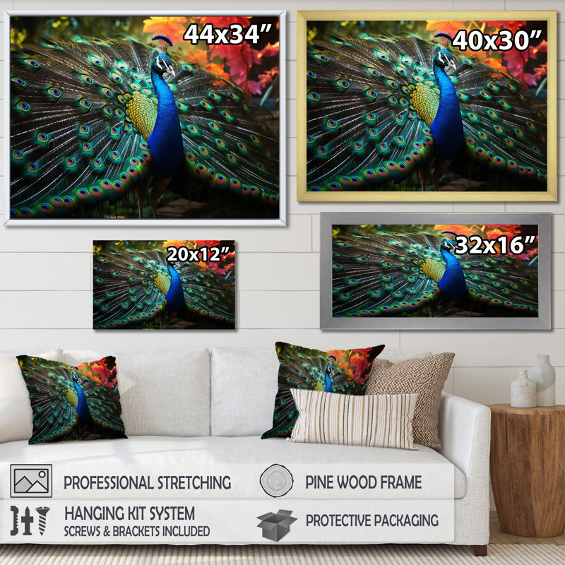 Bleu bleu sarcelle, art indien dansant le paon - Art mural indien, H 12 po x l 20 po x P 1 po, Cadre flottant blanc