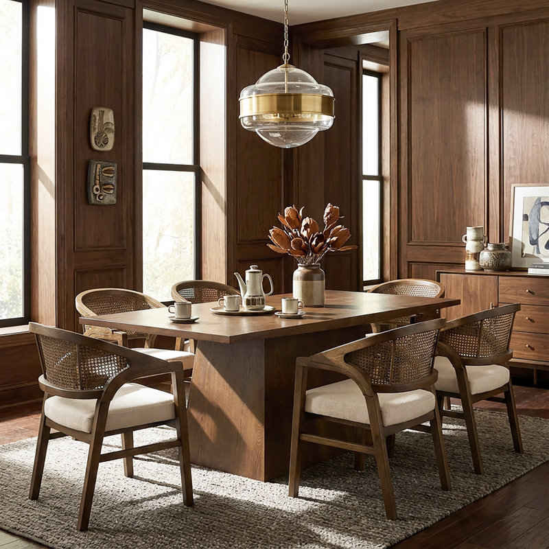 Declan 7-Piece Dining Table Set With Upholstered Chairs & Rattan Backs, Walnut