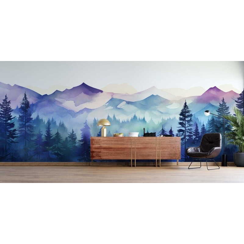 Aquarelle bleue, mauve, forêt de montagne, murale, L 160 po x l 108 po