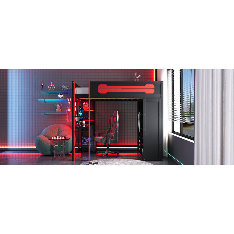 Lit mezzanine en bois multifonctionnel peu encombrant avec bureau et éclairage RVB