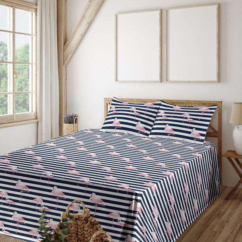 Ambesonne Flamingo Sheet Set Exotic Bird Illustration Indigo Pale Pink and White, Full Sheet Set with 2 Pillowcases