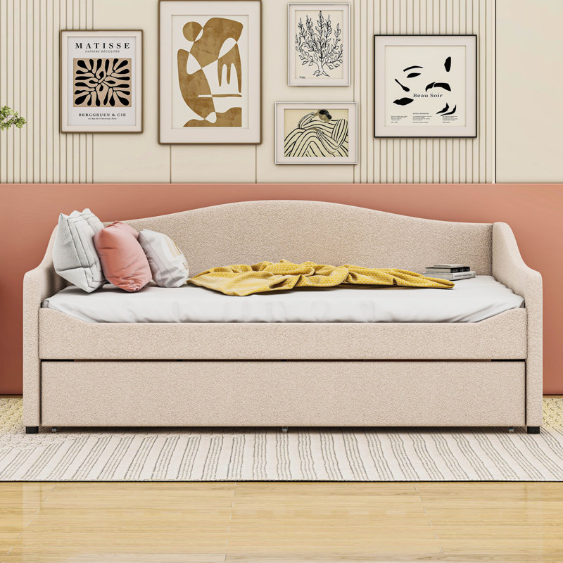 Teddy Fleece Full Size Daybed with Light And Trundle, Beige