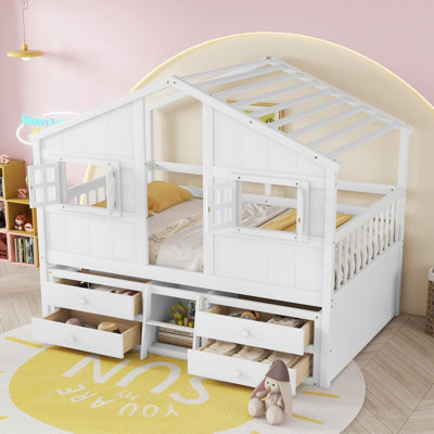 Ahleah Full Solid Wood House Loft Bed with Storage Drawers and Safety Guardrails