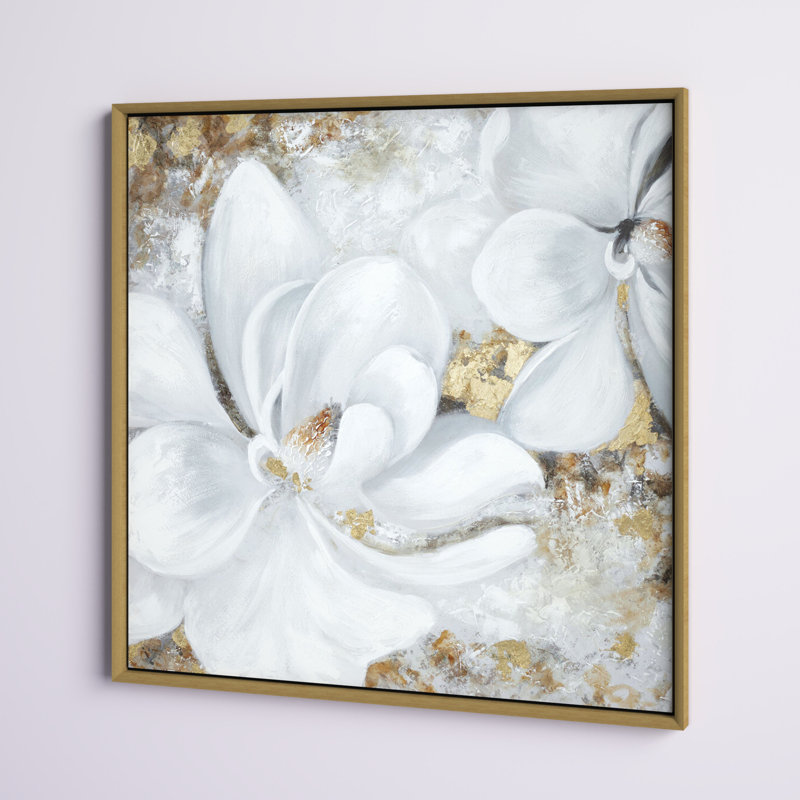Art mural encadré floral fait à la main blanc avec cadre doré 40 po x 2 po x 40 po