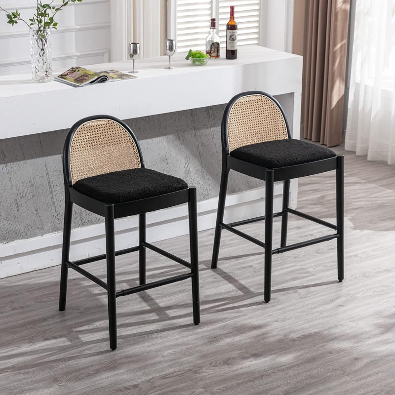 Black Upholstered Sherpa Fabric Counter Height Chairs With Backrest & Wood Frame