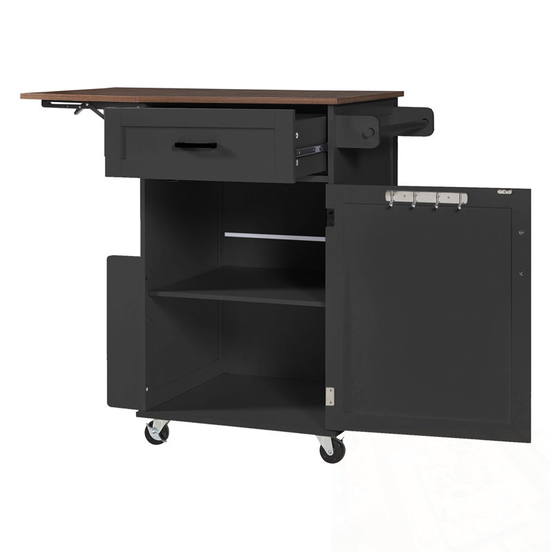 Kitchen Island with Drop Leaf, Open Side Rack, One Drawer and Towel Rack, Black