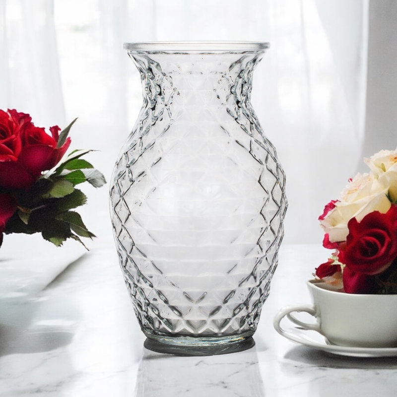 Clear Diamond-faceted Glass Vase For Flowers 5.0" W 8.0" H, 4 piece