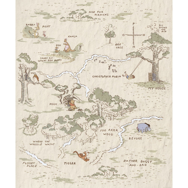 Winnie The Pooh characters Map non-woven 7.87cm x 6.56cm Low-Gloss Wallpaper Roll