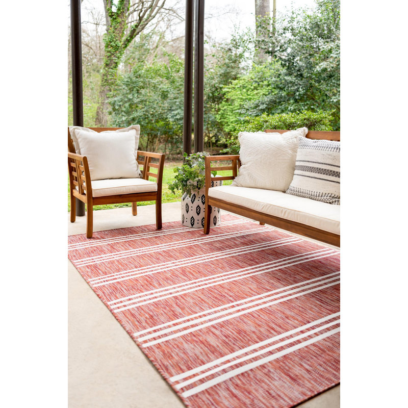 Rust Red and Ivory Striped Outdoor Synthetic Rug, 8' x 10'