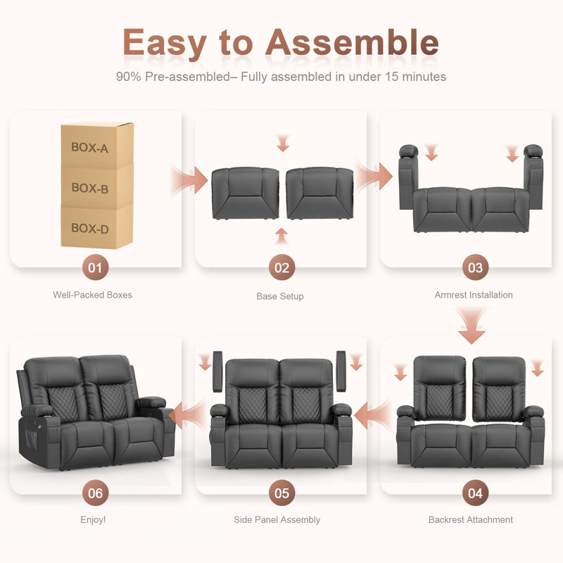 55” RV Loveseat Recliner Sofa, zero clearance recliner  Recliners with USB Ports, Cup Holders, Insert Pockets, RV Recliners for Travel Trailers & Living Room, RV Couch