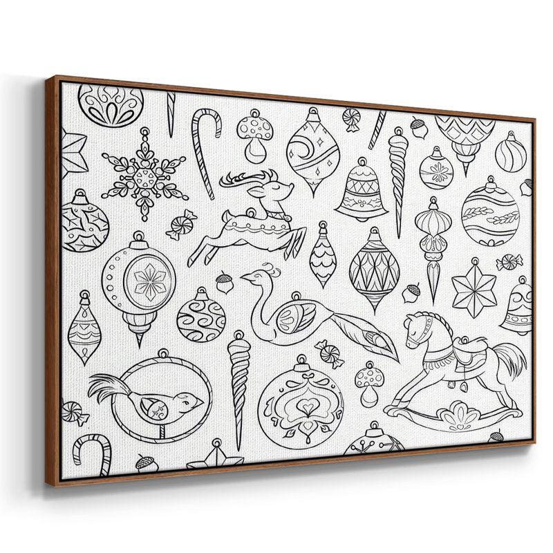 Ornements rétro encadrés sur toile, H 25 po x l 37 po x P 1,5 po, Noyer