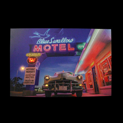 LED Lighted Famous Blue Swallow Motel with Classic Car Canvas Wall Art 15.75" x 23.75"