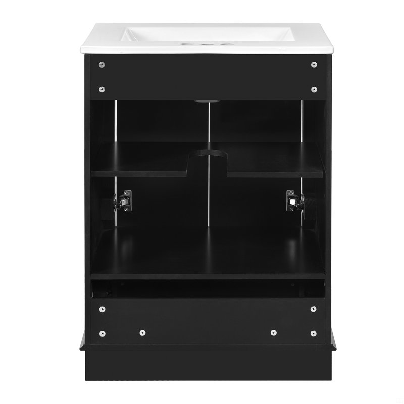 Defelice Bathroom Vanity With Ceramic Sink Combo, Freestanding Storage Cabinet With Handles, Soft Closing Doors, Black, 24"