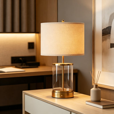 O’Bright Luma Cordless Battery Powered Table Lamp, 19.5 Inch Rechargeable Glass Bedside Lamp with Touch Dimmer, Type-C Fast Charging, Clear Glass Design with Antique Brass Accents