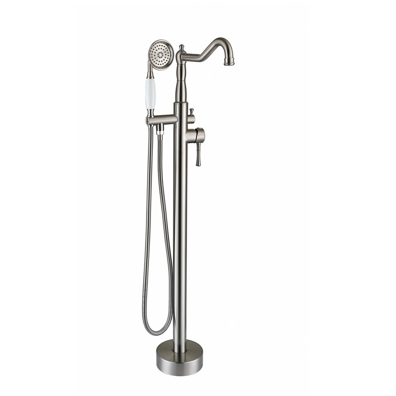 Robinet de baignoire autoportant classique avec douche à main en noir mat, Nickel brossé