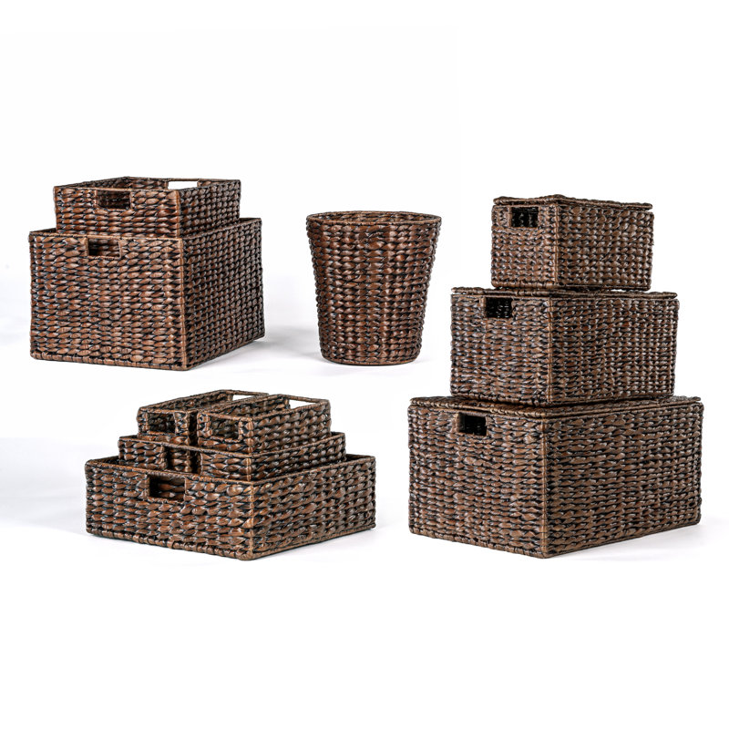 Traditional Assorted Hand-Woven Hyacinth/Iron Baskets (Set of 10), Dark Brown Wash