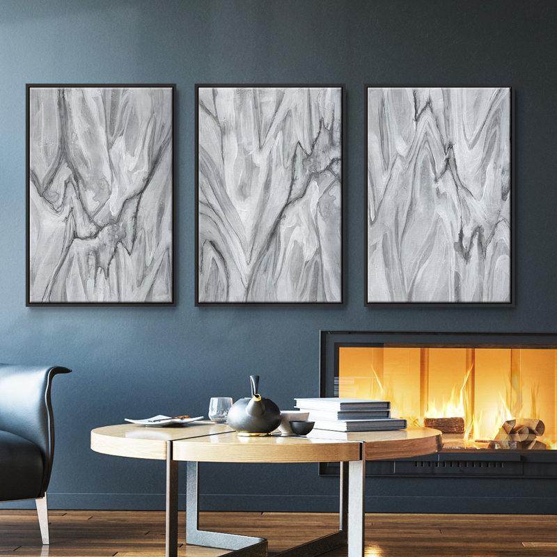Marbré blanc I, ensemble de 3 toiles encadrées sur toile, H 40 po x l 78 po x P 2 po, Cadre noir