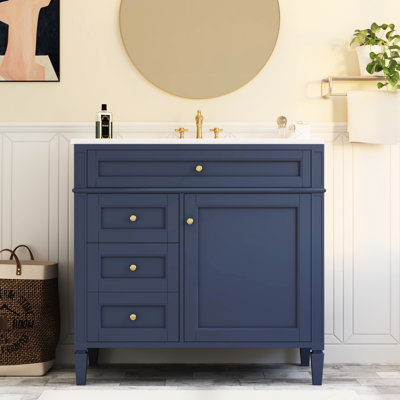Armoire de salle de bain bleue avec lavabo en céramique, meuble-lavabo 2 tiroirs 36 po et grande capacité de rangement, meuble-lavabo d'apparence moderne, options polyvalentes, look