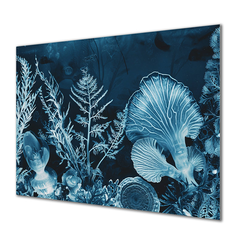 Art mural rétro cyan bleu corail profond océan vie - corail côtier sous l'eau, Métal métal, H 12 po x l 20 po x P 1 po