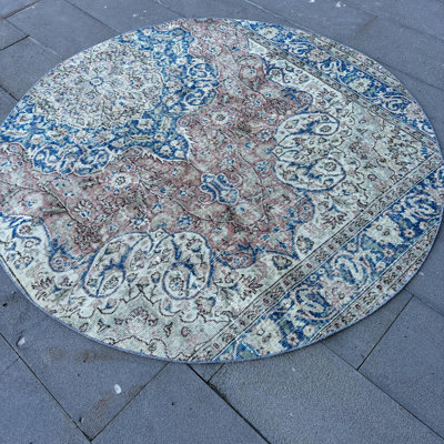 Vintage Turkish Oushak Round Area Rug in Blue for Bedroom Decor with Boho Chic Style