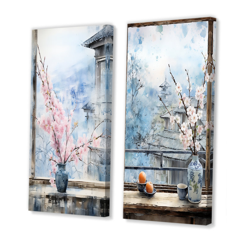 «Pink Floral Window To Nagasaki II», ensemble de 2 impressions sur toile, H 28 po x l 25 po, Toile tendue