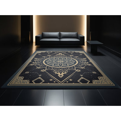 Tapis noir lavable à la machine à motif géométrique Pavle