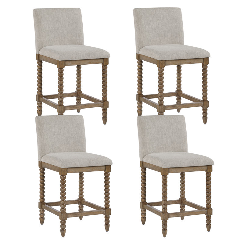 Tamami 26" High Modern Farmhouse Turned Leg Beaded Counter Stool, Beige, 4, Brown