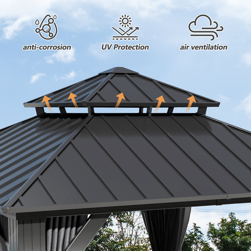 10 ft x 10 ft Black Aluminum Frame Gazebo with Curtains and Netting