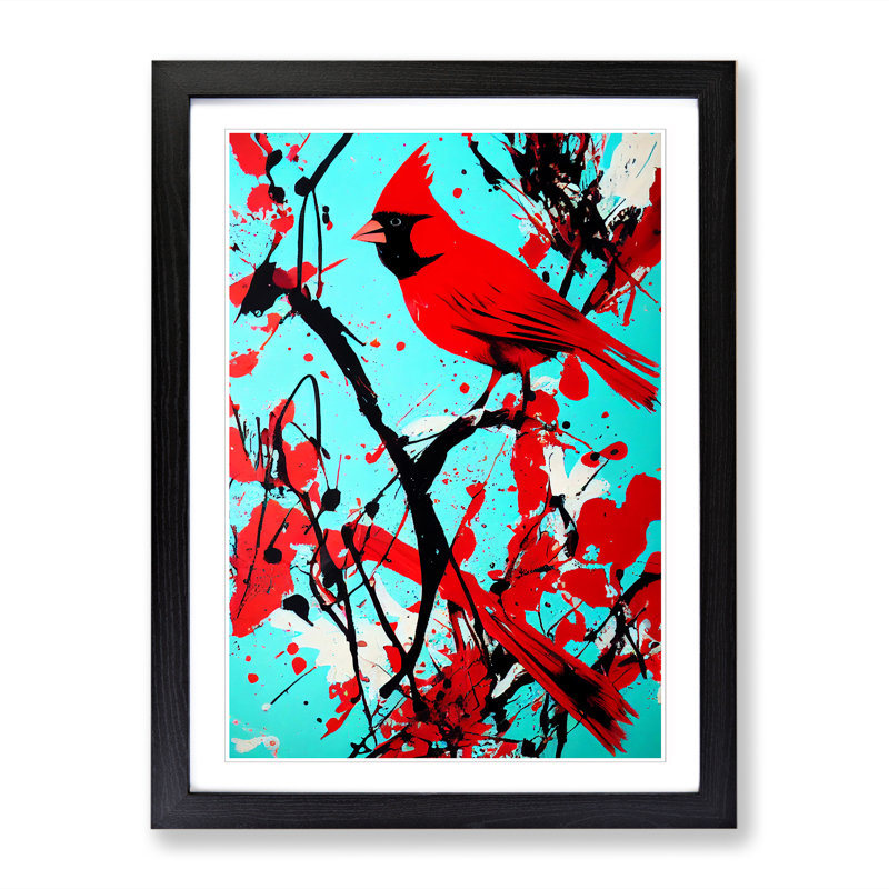 FRM-V0523-359X Cardinal Bird Splatter - Single Picture Frame Print, 64cm H x 46cm W x 2cm D, Black Framed
