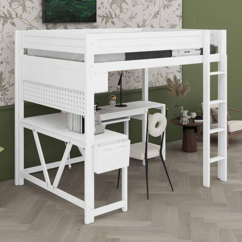 Lit mezzanine avec bureau et tablettes de rangement, éclairage DEL et station de charge pour les jeux, Blanc