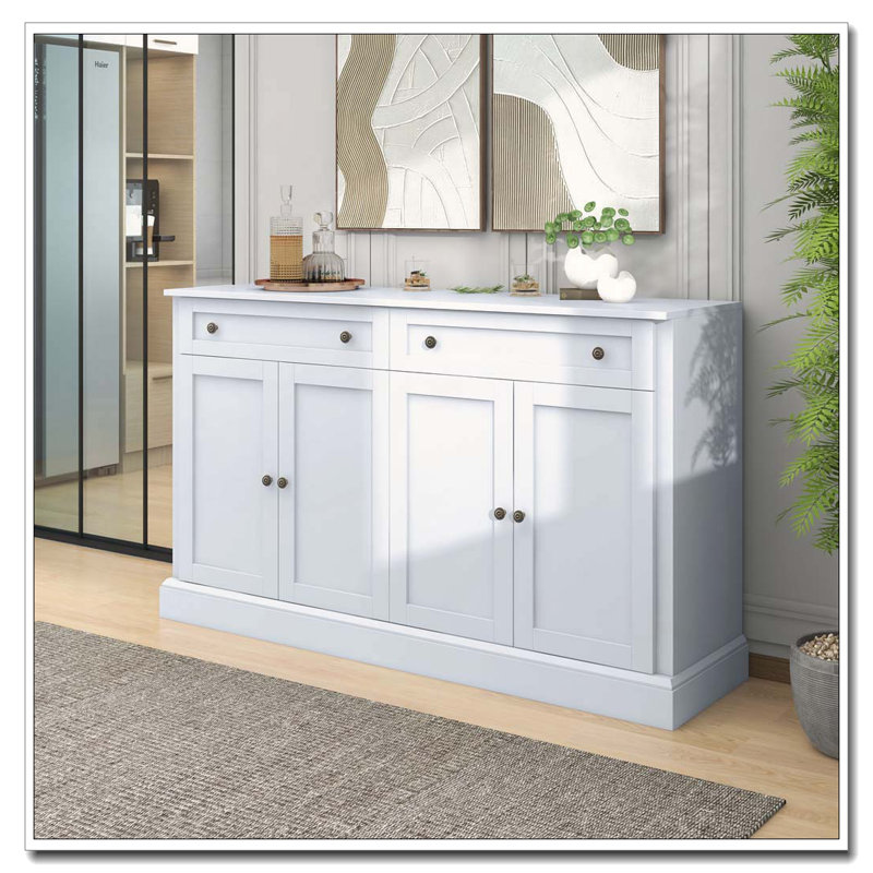 60" Sideboard Buffet with 2 Drawers, 4 Doors, and Adjustable Shelves, Antique White