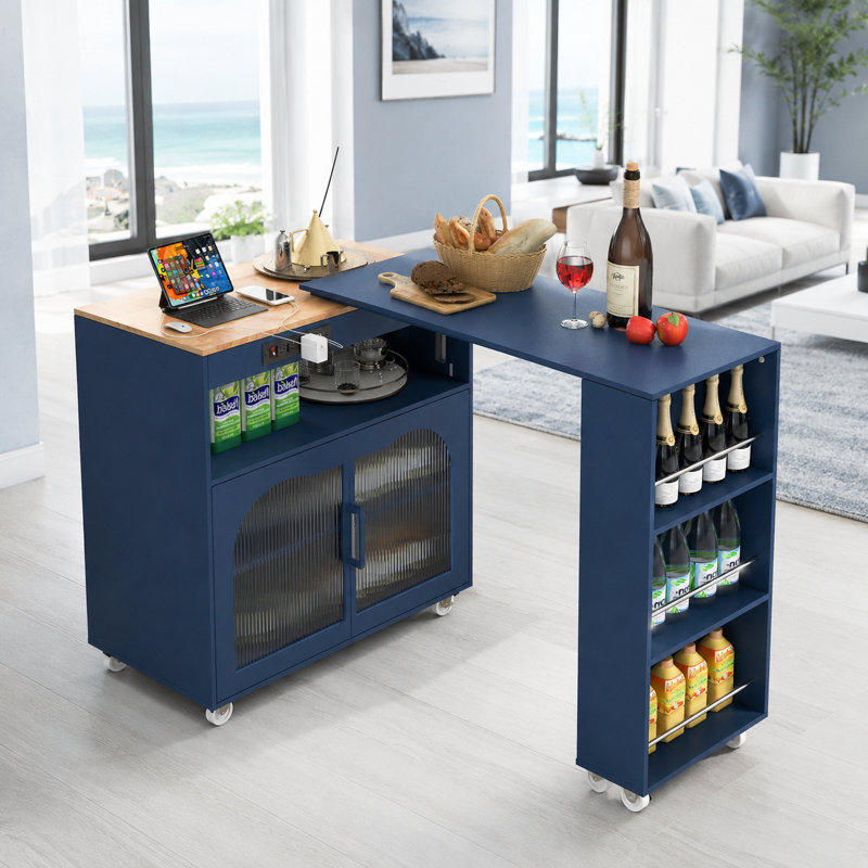 Chariot d'îlot de cuisine bleu marine avec table extensible, prise de courant et armoire de rangement, Navy Blue