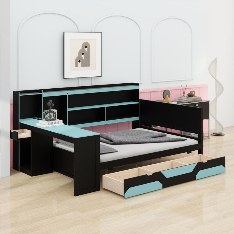 Modern Gaming Daybed with Integrated Workstation and LED Lighting, Multi-Functional Bed Frame with Storage Drawers and Charging Station