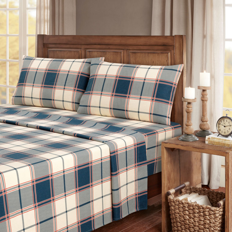 Kathy Ireland 100% Turkish Cotton Flannel Sheet Set, Queen Sheet Set + 1 Fitted Sheet + 2 Pillowcases, Signature Plaid