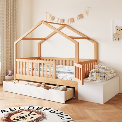 Toddler Bed with Storage Drawers  Lift-Top Chest, Solid Wood Bed with Safety Railings  Gate, Playhouse Bed Frame for Kids, Compatible with standard