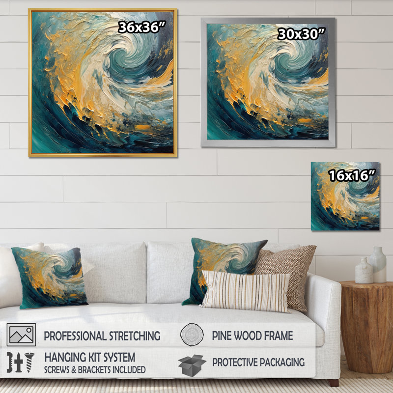 «Golden Ocean Spiral Waves», reproduction d'art abstrait en spirale, 36" H x 36" W, Cadre naturel flottant