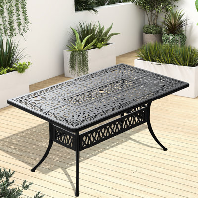 Table de salle à manger de patio en aluminium moulé avec cadre noir, 148 cm x 90 cm, trou pour parasol, résistante aux intempéries, 6 Comfort Table - Noir, 72 cm H x 90 cm L x 148 cm P, 6