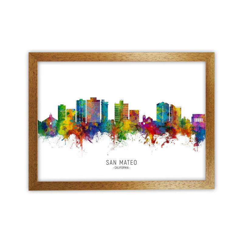 San Mateo California Skyline by Michael Tompsett - Print, Brown Framed, 64cm H x 88cm W x 3cm D