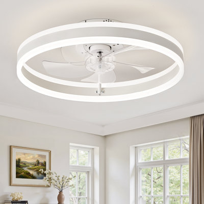  Cissline 20" Modern White Flush Mount Ceiling Fan With Integrated Ring Light For Bedroom & Living Spaces