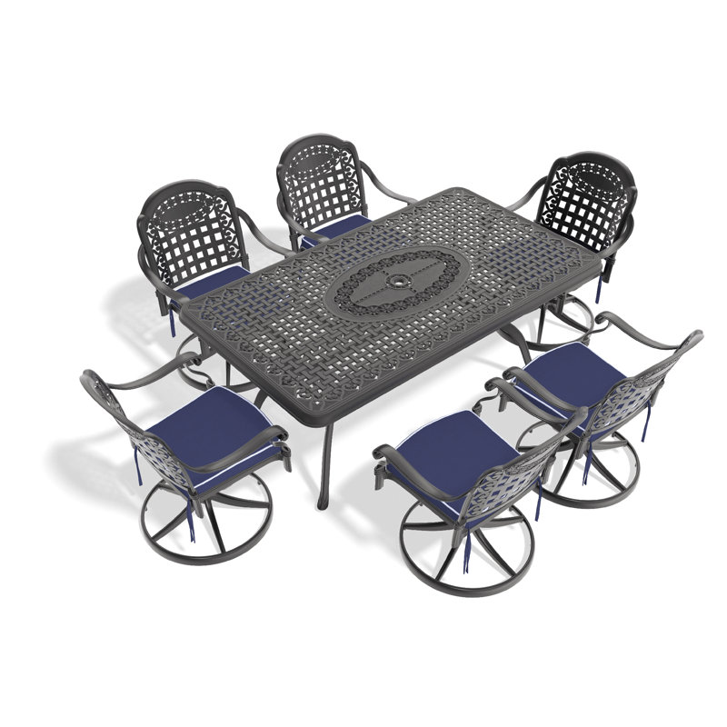 Ensemble de salle à manger 7 pièces en fonte d'aluminium toutes saisons, comprenant 6 chaises pivotantes et une table rectangulaire avec cadre noir