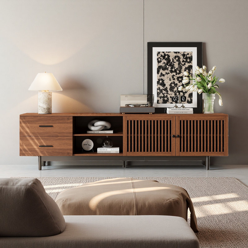 Meuble télé 78 po pour téléviseur de 85 po ou moins, meuble télé avec tiroirs profonds, tablette réglable, charnières à fermeture en douceur et gestion des câbles, noyer