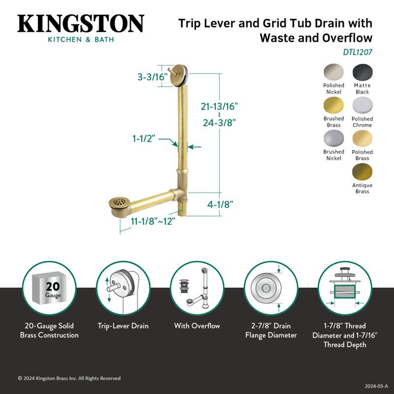 Levier de déclenchement et trop-plein 20 po Kingston, Laiton antique