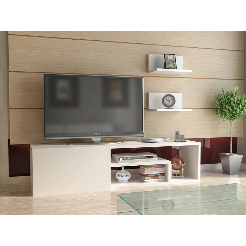 Modern White TV Unit with Wall Shelves, 47.2 x 11.6 x 11.6 in | 100% Melamine Coated Particle Board, Thickness: 0.7 in | Numerous Shelves, Wall-Mountable Design, Perfect for Stylish Living Rooms & Entertainment Spaces