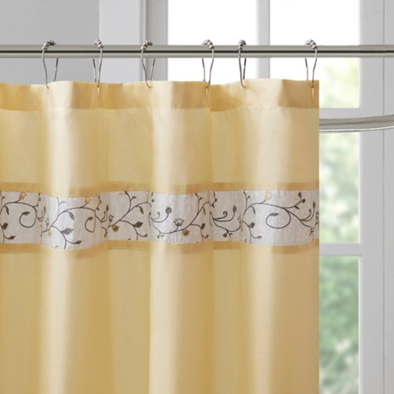 Faux Silk Embroidered Floral Shower Curtain, Yellow/Beige/Grey