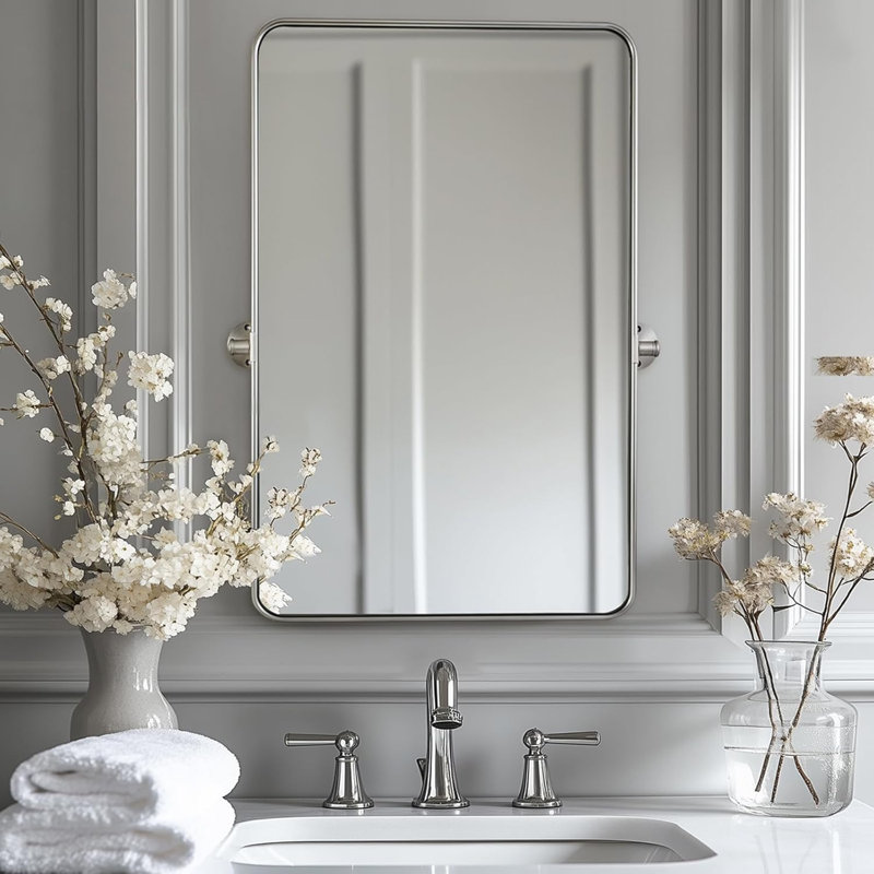 Miroir de salle de bain moderne inclinable, Nickel brossé, 30 po x 22 po