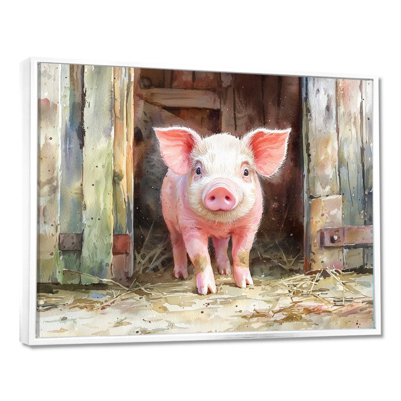«Cute Farm Pig Portrait - Art mural encadré de cochon», 34" H x 44" W, Cadre flottant blanc