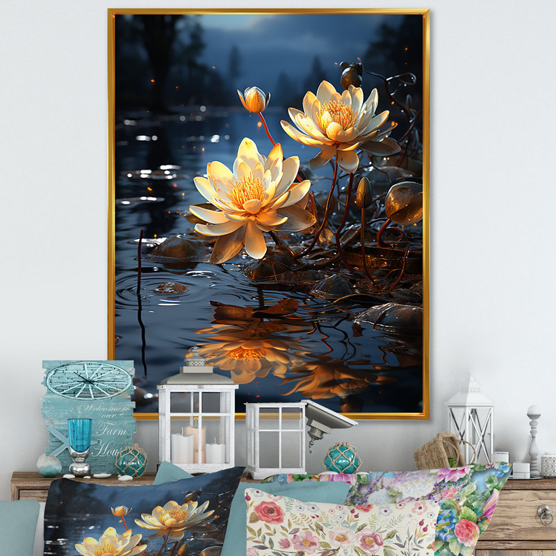 «Moonlit Flower Serenity Blooms IV - Rose», art mural, Cadre flottant doré, H 32 po x l 24 po